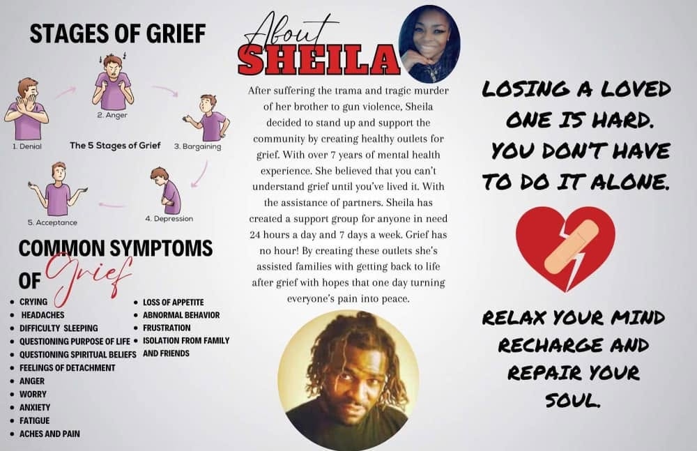 Stages of grief and common symptoms of grief infographic